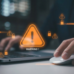 A person using their laptop to research how insurance companies fight fraud, with an orange warning symbol to enforce urgency
