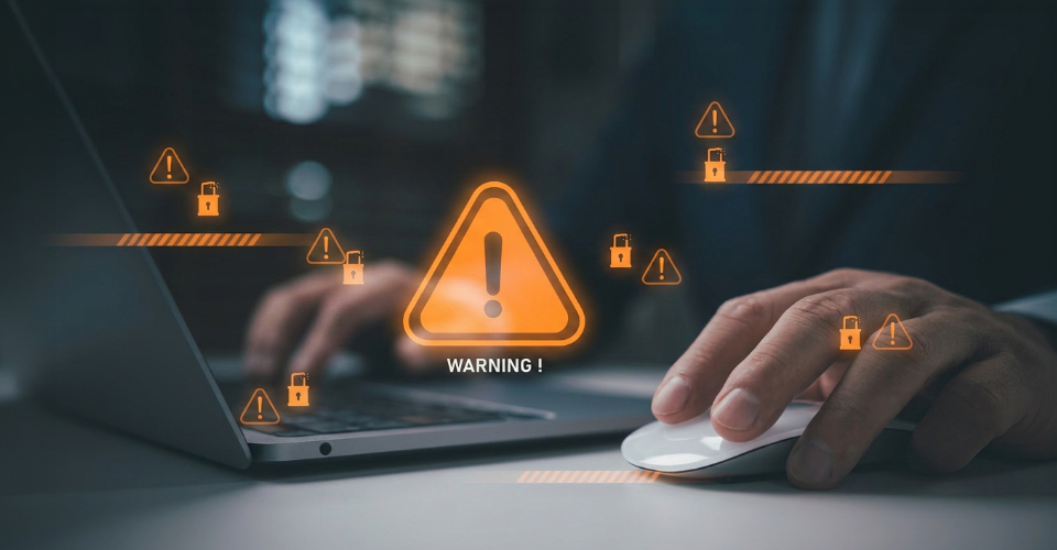 A person using their laptop to research how insurance companies fight fraud, with an orange warning symbol to enforce urgency