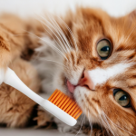 an orange cat with a toothbrush