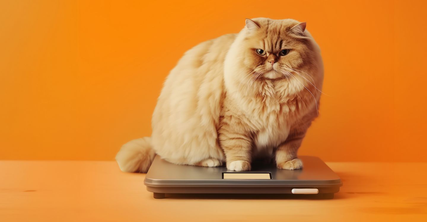 A fluffy cat on a scale emphasising the importance of pet obesity awareness