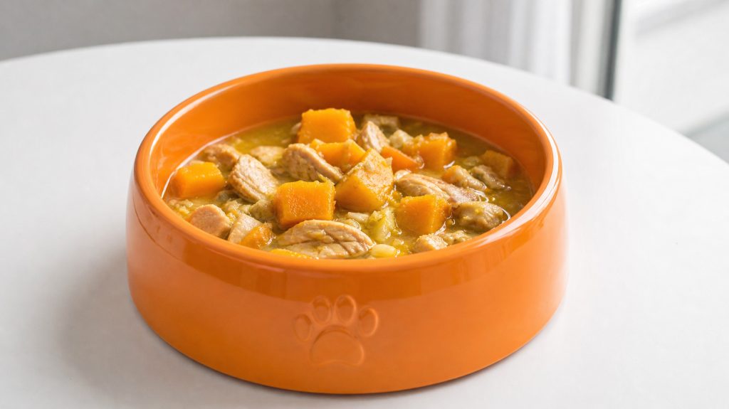 A bowl of homemade chicken and pumpkin stew for a dog