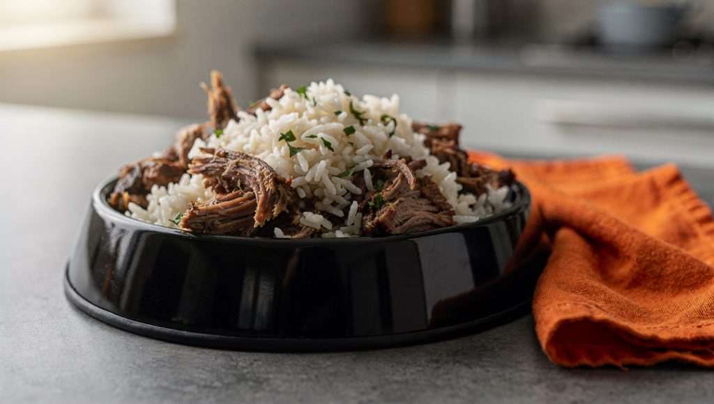 A dog bowl containing slow-cooked lamb and rice, made from a homemade pet recipe