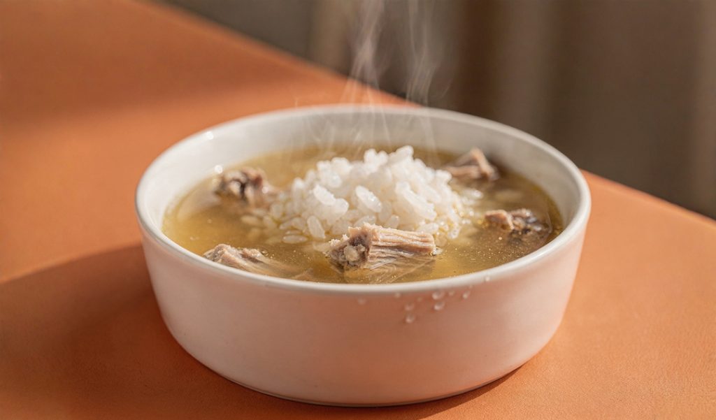 A white bowl of homemade pet food containing bone broth and rice for your dog