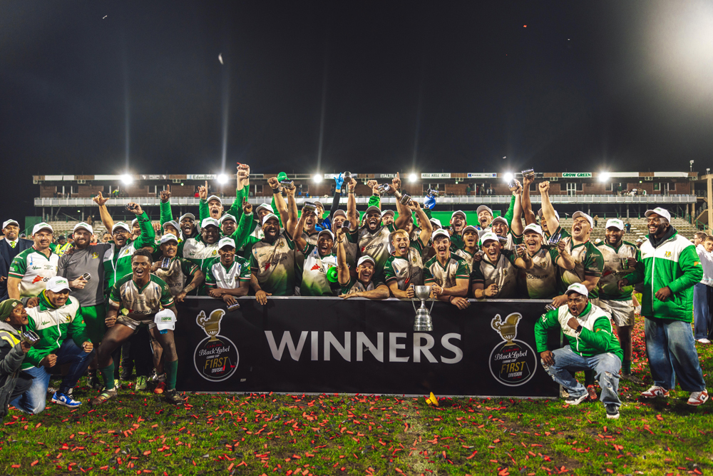 The Dotsure SWD Eagles rugby team celebrating their victory after winning the Currie Cup Division 1 Finals at Outeniqua Park Stadium in George.