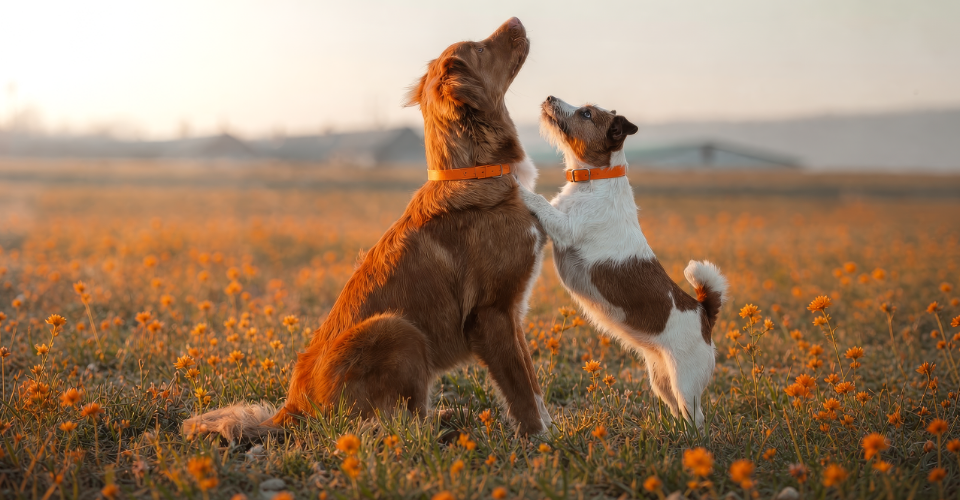 Two dogs playing in a field showing how different breeds interact