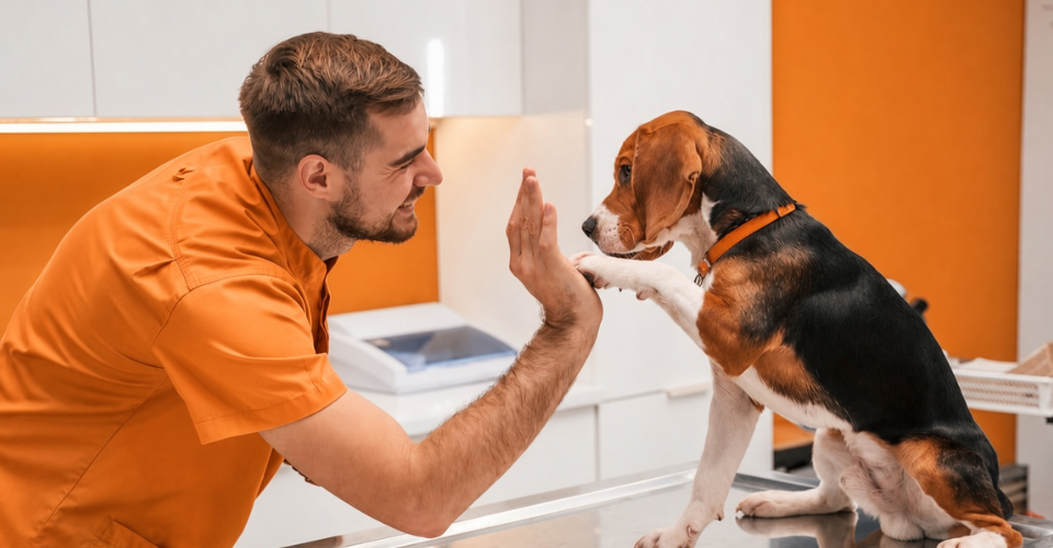 A young vet interacting with his pet patient as he celebrates 15 years of pet care with Dotsure